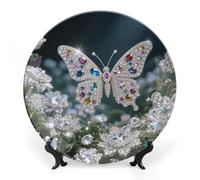 ERSTSNCK Jewel - Butterfly Ceramic Decorative Plate 8inch Bone China Wall Hanging Ornament Plates Bohemian Style Dinner Plate with Stand Cabinet Display Plates for Home Art Decor