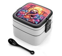 ERSTSNCK Jungle Sloth Bento Box 1000ml Leak Proof Lunch Container with Removable Dividers & Spoon - BPA-Free PP Stackable Lunch Box for Work, Office, Picnic, Travel, Dining Out