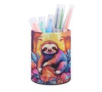 ERSTSNCK Jungle Sloth Pen Holder, Pencil Holder Desktop Stationery Organizer Round Leather Pencil Cup Makeup Brush Storage Box for Office Home And Stationary Supplies