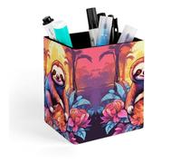 ERSTSNCK Jungle Sloth Pen Holder, Pencil Holder Desktop Stationery Organizer Square Leather Pencil Cup Makeup Brush Storage Box for Office Home And Stationary Supplies