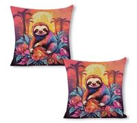 ERSTSNCK Jungle Sloth Pillow Covers 18"x18"（2pcs） Linen Throw Pillow Covers - Double Sided Decorative Square Cushion Cases for Sofa, Bed, Chair (No Insert Included)