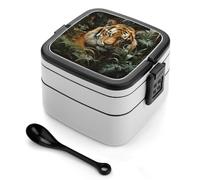 ERSTSNCK Jungle Tiger Bento Box 1000ml Leak Proof Lunch Container with Removable Dividers & Spoon - BPA-Free PP Stackable Lunch Box for Work, Office, Picnic, Travel, Dining Out