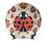 ERSTSNCK Ladybugs Pattern Infinite Speckled Ceramic Decorative Plate 8inch Bone China Wall Hanging Ornament Plates Bohemian Style Dinner Plate with Stand Cabinet Display Plates for Home Art Decor