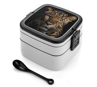 ERSTSNCK Leopard Bento Box 1000ml Leak Proof Lunch Container with Removable Dividers & Spoon - BPA-Free PP Stackable Lunch Box for Work, Office, Picnic, Travel, Dining Out