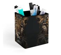 ERSTSNCK Leopard Pen Holder, Pencil Holder Desktop Stationery Organizer Square Leather Pencil Cup Makeup Brush Storage Box for Office Home And Stationary Supplies