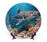 ERSTSNCK Leopard Shark Ceramic Decorative Plate 7inch Bone China Wall Hanging Ornament Plates Bohemian Style Dinner Plate with Stand Cabinet Display Plates for Home Art Decor