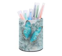 ERSTSNCK Light Blue Butterfly Pen Holder, Pencil Holder Desktop Stationery Organizer Round Leather Pencil Cup Makeup Brush Storage Box for Office Home And Stationary Supplies