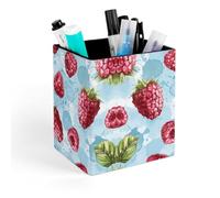 ERSTSNCK Light Blue Pattern Pen Holder, Pencil Holder Desktop Stationery Organizer Square Leather Pencil Cup Makeup Brush Storage Box for Office Home And Stationary Supplies