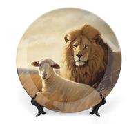 ERSTSNCK Lion Sheep Ceramic Decorative Plate 10inch Bone China Wall Hanging Ornament Plates Bohemian Style Dinner Plate with Stand Cabinet Display Plates for Home Art Decor
