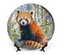 ERSTSNCK Little Red Panda Ceramic Plate 10inch Decorative Bone China Wall Hanging Ornament Plates Bohemian Style Dinner Plate with Display Stand Cabinet Display Plates for Home Art Decor