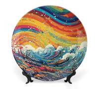 ERSTSNCK Lively Sea View Ceramic Decorative Plate 7inch Bone China Wall Hanging Ornament Plates Bohemian Style Dinner Plate with Stand Cabinet Display Plates for Home Art Decor