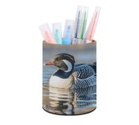 ERSTSNCK Loon Nature Birds Pen Holder, Pencil Holder Desktop Stationery Organizer Round Leather Pencil Cup Makeup Brush Storage Box for Office Home And Stationary Supplies