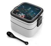 ERSTSNCK Los Angeles Skyline Bento Box 1000ml Leak Proof Lunch Container with Removable Dividers & Spoon - BPA-Free PP Stackable Lunch Box for Work, Office, Picnic, Travel, Dining Out
