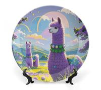 ERSTSNCK Love Alpaca Purple Ceramic Plate 7inch Decorative Bone China Wall Hanging Ornament Plates Bohemian Style Dinner Plate with Display Stand Cabinet Display Plates for Home Art Decor