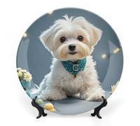 ERSTSNCK Lovely Maltese Dog Ceramic Decorative Plate 8inch Bone China Wall Hanging Ornament Plates Bohemian Style Dinner Plate with Stand Cabinet Display Plates for Home Art Decor