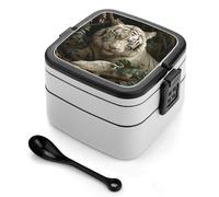 ERSTSNCK Lying White Tiger Bento Box 1000ml Leak Proof Lunch Container with Removable Dividers & Spoon - BPA-Free PP Stackable Lunch Box for Work, Office, Picnic, Travel, Dining Out
