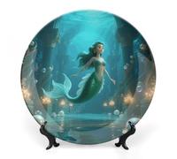 ERSTSNCK Mermaid in Underwater Palace Ceramic Plate 10inch Decorative Bone China Wall Hanging Ornament Plates Bohemian Style Dinner Plate with Display Stand Cabinet Display Plates for Home Art Decor