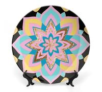 ERSTSNCK Metallic Mandala Design Ceramic Decorative Plate 7inch Bone China Wall Hanging Ornament Plates Bohemian Style Dinner Plate with Stand Cabinet Display Plates for Home Art Decor