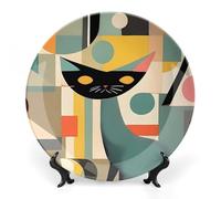 ERSTSNCK Mid-Century Modern Art Cat Ceramic Decorative Plate 6inch Bone China Wall Hanging Ornament Plates Bohemian Style Dinner Plate with Stand Cabinet Display Plates for Home Art Decor