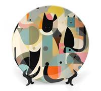 ERSTSNCK Mid-Century Modern Art Cat Ceramic Decorative Plate 6inch Bone China Wall Hanging Ornament Plates Bohemian Style Dinner Plate with Stand Cabinet Display Plates for Home Art Decor