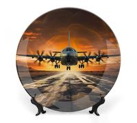 ERSTSNCK Military Aircraft Land Ceramic Decorative Plate 6inch Bone China Wall Hanging Ornament Plates Bohemian Style Dinner Plate with Stand Cabinet Display Plates for Home Art Decor