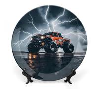 ERSTSNCK Monster Truck Black Sky Roar Ceramic Decorative Plate 7inch Bone China Wall Hanging Ornament Plates Bohemian Style Dinner Plate with Stand Cabinet Display Plates for Home Art Decor
