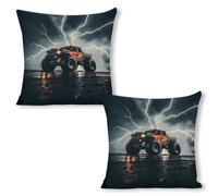 ERSTSNCK Monster Truck Black Sky Roar Pillow Covers 18"x18"（2pcs） Linen Throw Pillow Covers - Double Sided Decorative Square Cushion Cases for Sofa, Bed, Chair (No Insert Included)