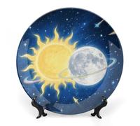 ERSTSNCK Moon Sun Ceramic Plate 8inch Decorative Bone China Wall Hanging Ornament Plates Bohemian Style Dinner Plate with Display Stand Cabinet Display Plates for Home Art Decor