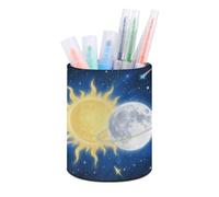 ERSTSNCK Moon Sun Pen Holder, Pencil Holder Desktop Stationery Organizer Round Leather Pencil Cup Makeup Brush Storage Box for Office Home And Stationary Supplies