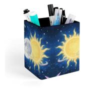 ERSTSNCK Moon Sun Pen Holder, Pencil Holder Desktop Stationery Organizer Square Leather Pencil Cup Makeup Brush Storage Box for Office Home And Stationary Supplies