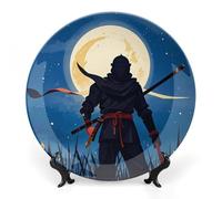 ERSTSNCK Moonlight Watercolor Style Ninja Ceramic Decorative Plate 7inch Bone China Wall Hanging Ornament Plates Bohemian Style Dinner Plate with Stand Cabinet Display Plates for Home Art Decor