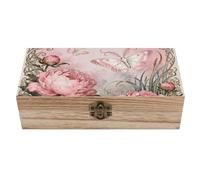 ERSTSNCK Moth Peony Cluster Wooden Storage Box Elegant Retro Jewelry Box with Hinged Lid Decorative Keepsake Boxes Decor Handmade Organizer Boxes for Wedding, Party, Gift, Diy Craft, Home Decor