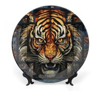 ERSTSNCK Multiple Tiger Head Pictures Ceramic Decorative Plate 7inch Bone China Wall Hanging Ornament Plates Bohemian Style Dinner Plate with Stand Cabinet Display Plates for Home Art Decor