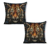 ERSTSNCK Multiple Tiger Head Pictures Pillow Covers 18"x18"（2pcs） Linen Throw Pillow Covers - Double Sided Decorative Square Cushion Cases for Sofa, Bed, Chair (No Insert Included)
