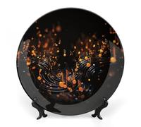 ERSTSNCK Musical Notes on Dark Background Ceramic Decorative Plate 6inch Bone China Wall Hanging Ornament Plates Bohemian Style Dinner Plate with Stand Cabinet Display Plates for Home Art Decor
