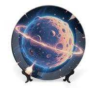 ERSTSNCK Mysterious Planet Ceramic Plate 10inch Decorative Bone China Wall Hanging Ornament Plates Bohemian Style Dinner Plate with Display Stand Cabinet Display Plates for Home Art Decor