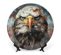 ERSTSNCK National Flag with Bald Eagle Ceramic Decorative Plate 8inch Bone China Wall Hanging Ornament Plates Bohemian Style Dinner Plate with Stand Cabinet Display Plates for Home Art Decor