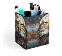 ERSTSNCK National Flag with Bald Eagle Pen Holder, Pencil Holder Desktop Stationery Organizer Square Leather Pencil Cup Makeup Brush Storage Box for Office Home And Stationary Supplies