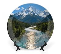 ERSTSNCK Natural Mountain View Ceramic Decorative Plate 8inch Bone China Wall Hanging Ornament Plates Bohemian Style Dinner Plate with Stand Cabinet Display Plates for Home Art Decor