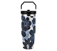 ERSTSNCK Navy Blue Flowers 30oz Tumbler Large Capacity Car Cup with Handle And Straw Lid Stainless Steel Travel Mug Double Wall Vacuum Insulated Cup Leak-Proof for Outdoor Home Use