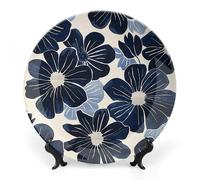ERSTSNCK Navy Blue Flowers Ceramic Decorative Plate 8inch Bone China Wall Hanging Ornament Plates Bohemian Style Dinner Plate with Stand Cabinet Display Plates for Home Art Decor