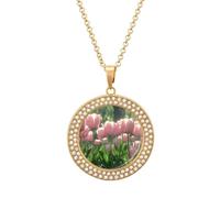 ERSTSNCK Necklace for Women Blooming Peach Tulips Round Alloy Diamond Pendant Necklaces Cute Elegant Pendant Charm Necklace Birthday Anniversary Jewelry Valentine's Day Gift, One size, Zinc, Diamond