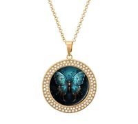 ERSTSNCK Necklace for Women Blue Butterfly Pattern Round Alloy Diamond Pendant Necklaces Cute Elegant Pendant Charm Necklace Birthday Anniversary Jewelry Valentine's Day Gift, One size, Zinc, Diamond
