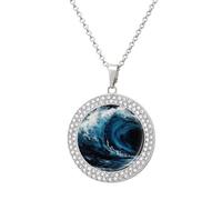 ERSTSNCK Necklace for Women Blue Wave Painting Round Alloy Diamond Pendant Necklaces Cute Elegant Pendant Charm Necklace Birthday Anniversary Jewelry Valentine's Day Gift, One size, Zinc, Diamond