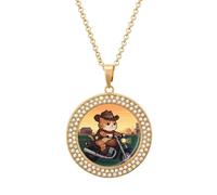 ERSTSNCK Necklace for Women Cat Riding A Motorcycle Round Alloy Diamond Pendant Necklaces Cute Elegant Pendant Charm Necklace Birthday Anniversary Jewelry Valentine's Day Gift, One Size, Zinc, Diamond