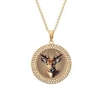 ERSTSNCK Necklace for Women Deer Head Printing Round Alloy Diamond Pendant Necklaces Cute Elegant Pendant Charm Necklace Birthday Anniversary Jewelry Valentine's Day Gift, One Size, Zinc, Diamond