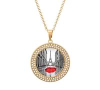 ERSTSNCK Necklace for Women Eiffel Tower Paris Red Umbrella Round Alloy Diamond Pendant Necklaces Cute Elegant Pendant Charm Necklace Birthday Anniversary Jewelry Valentine's Day Gift, One Size, Zinc