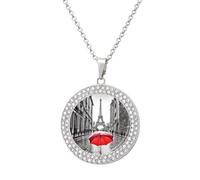 ERSTSNCK Necklace for Women Eiffel Tower Paris Red Umbrella Round Alloy Diamond Pendant Necklaces Cute Elegant Pendant Charm Necklace Birthday Anniversary Jewelry Valentine's Day Gift, One Size, Zinc