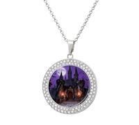 ERSTSNCK Necklace for Women Gothic Castle Night Round Alloy Diamond Pendant Necklaces Cute Elegant Pendant Charm Necklace Birthday Anniversary Jewelry Valentine's Day Gift, One size, Zinc, Diamond
