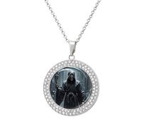 ERSTSNCK Necklace for Women Grim Reaper Round Alloy Diamond Pendant Necklaces Cute Elegant Pendant Charm Necklace Birthday Anniversary Jewelry Valentine's Day Gift, One size, Zinc, Diamond